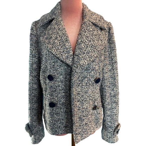 Chico's Boucle Jacket Blazer Open Front, 2 Zipper Pockets Blue White Lined 1 M 8 - Picture 1 of 9